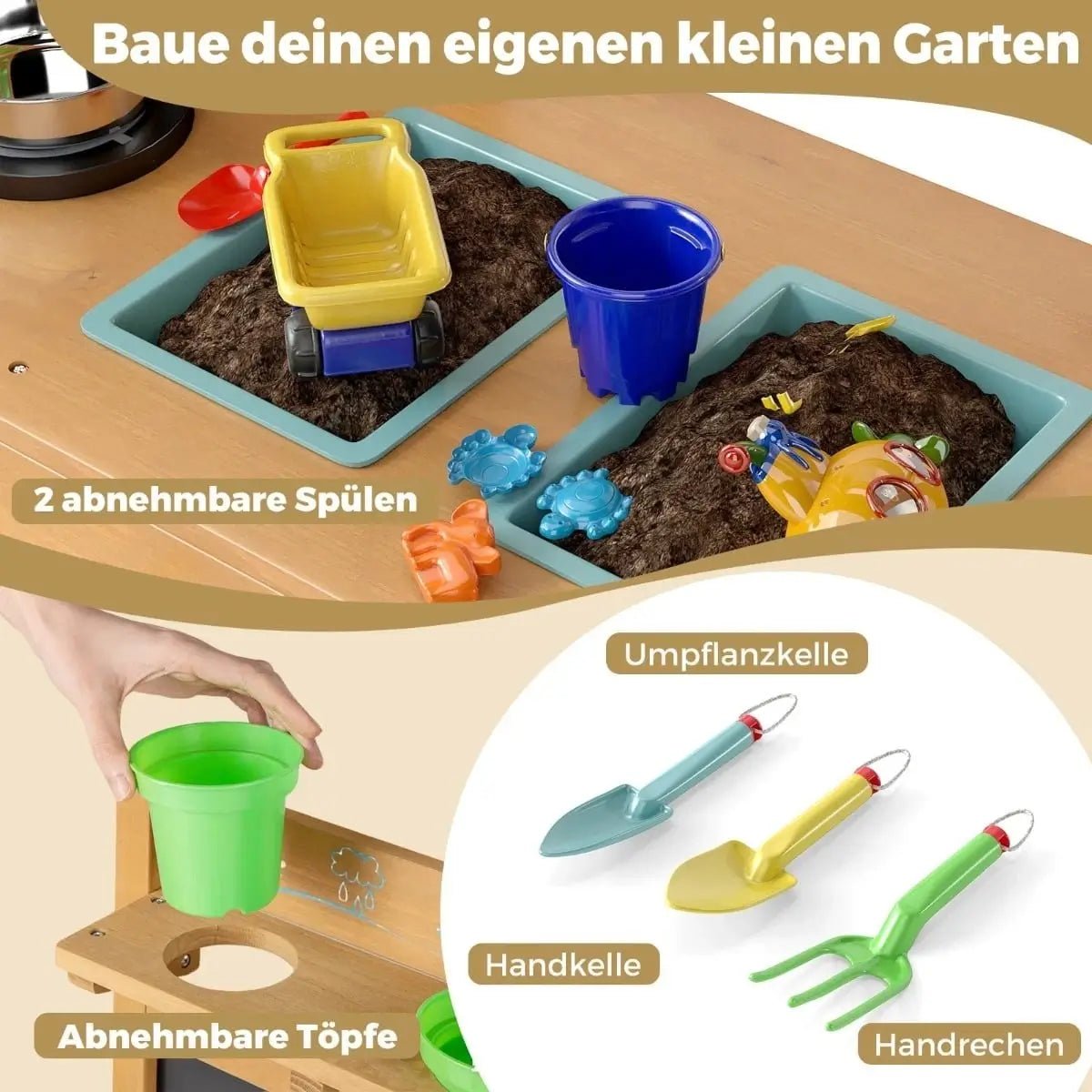 Lasten puinen ulkokeittiö Costway, vesialtailla, liitutaululla ja istutusruukuilla